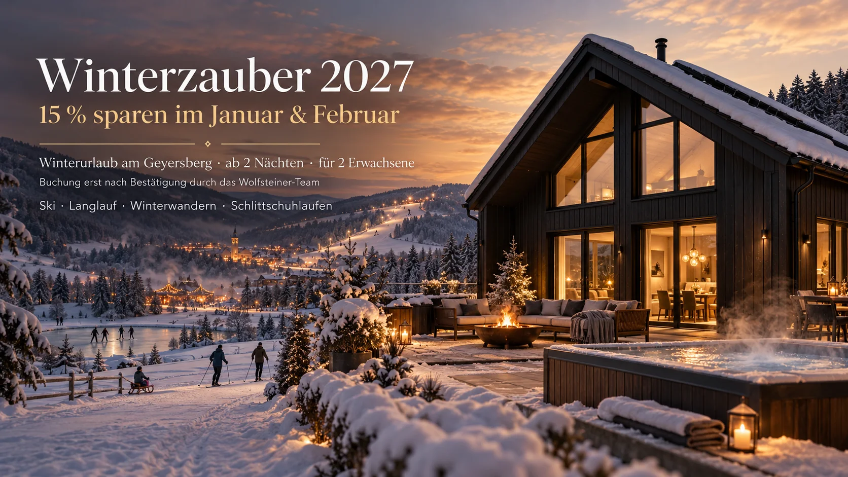 Aktionsmotiv Winterzauber 2027 mit verschneitem Chalet am Geyersberg