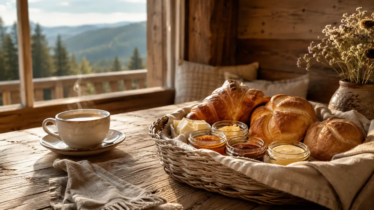 Frühstückskorb mit frischen Backwaren, Kaffee und Naturblick im Chalet