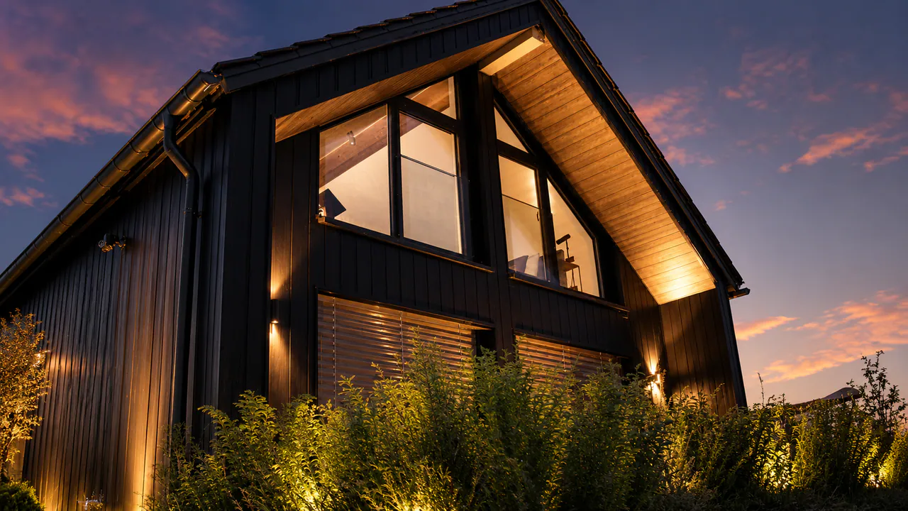 Chalet Deluxe mit zweistöckiger Außenansicht und warmer Abendstimmung