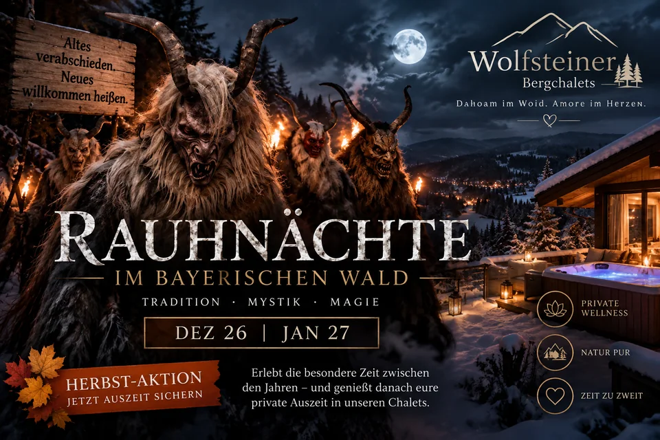 Rauhnacht-Werbemotiv mit Perchten, Winterlandschaft und Chalet-Auszeit im Bayerischen Wald