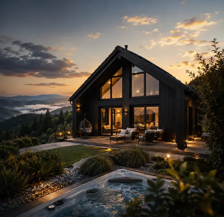 Wolfsteiner Chalet mit privatem Whirlpool am Abend