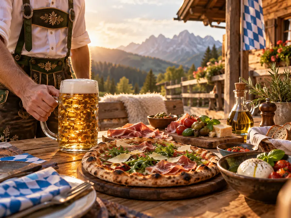 Bayerisch-italienische Genusstafel mit Maßkrug, Pizza und Antipasti