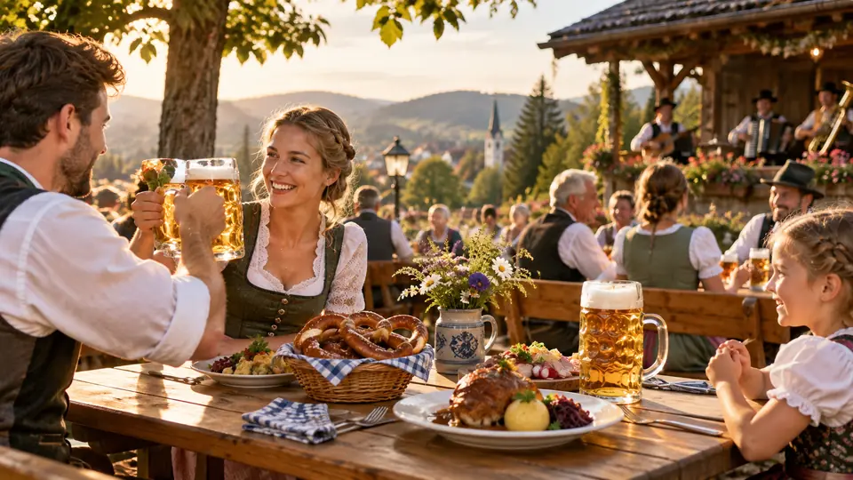 Bayerische Gastlichkeit mit Tracht, Blasmusik und gedeckter Wirtshaustafel