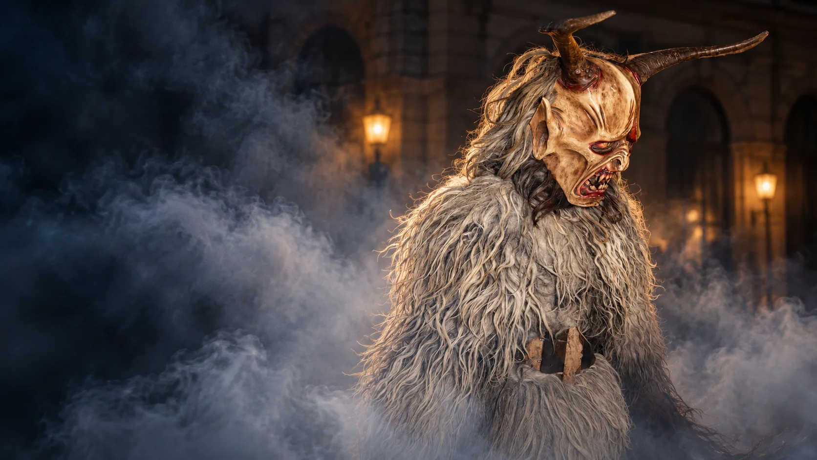 Masked Rauhnacht figure with horns and fur costume in night-time fog