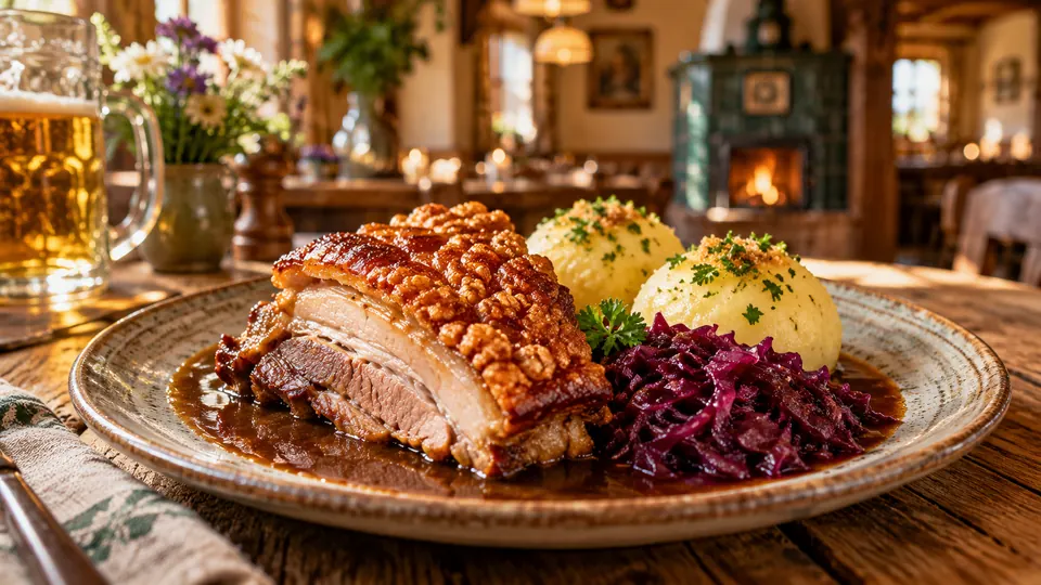 Roast pork with dumplings and red cabbage