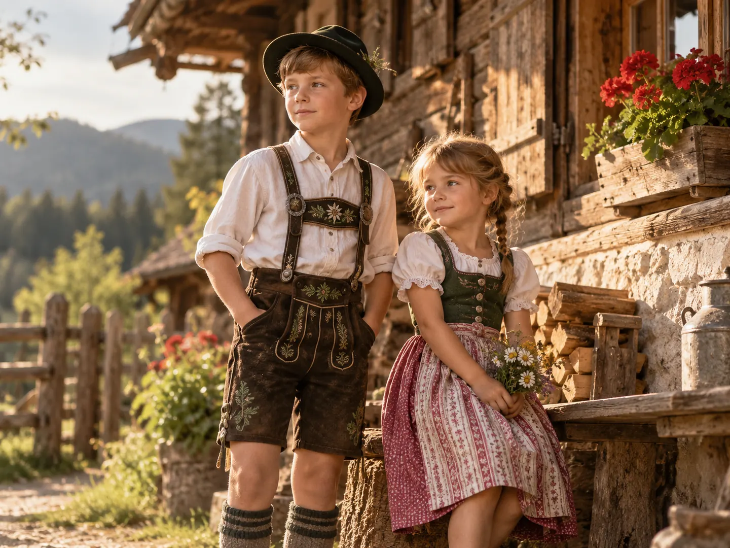Illustrative Darstellung bayerischer Tracht vor einem traditionellen Holzhaus