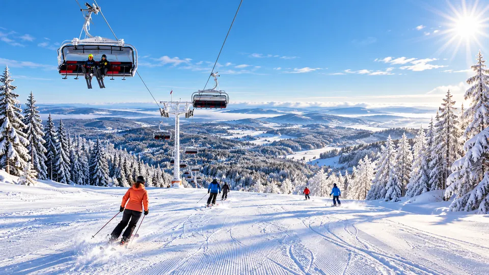 Illustrated winter scene with skiers and a chairlift in the Bavarian Forest